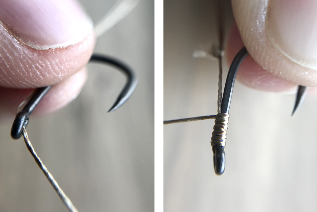 maak een knotless knot om je haak te bevestigen aan je onderlijnmateriaal maak een knotless knot om je haak te bevestigen aan je onderlijnmateriaal
