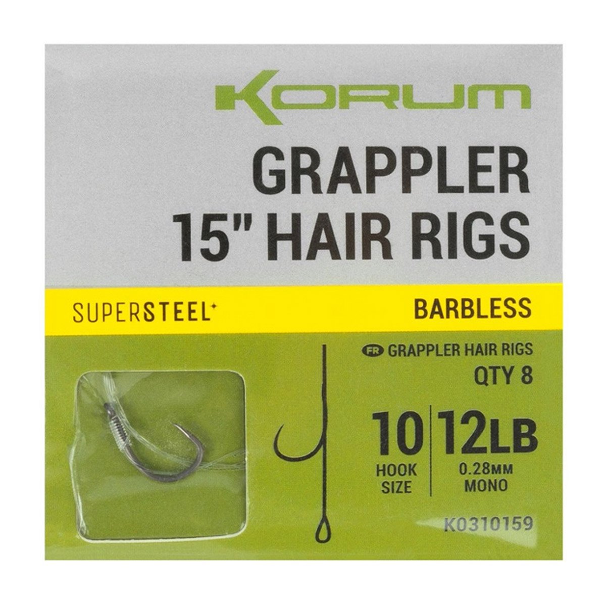 Korum Supersteel Big Fish Grappler Barbless Hair Rigs 15" -  12 -  14 -  8 -  10